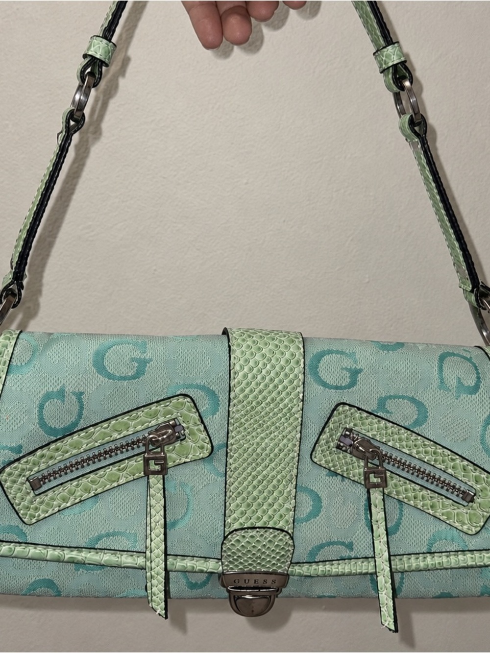 Guess Light Green G Monogram Shoulder Bag with Faux Snake Trim